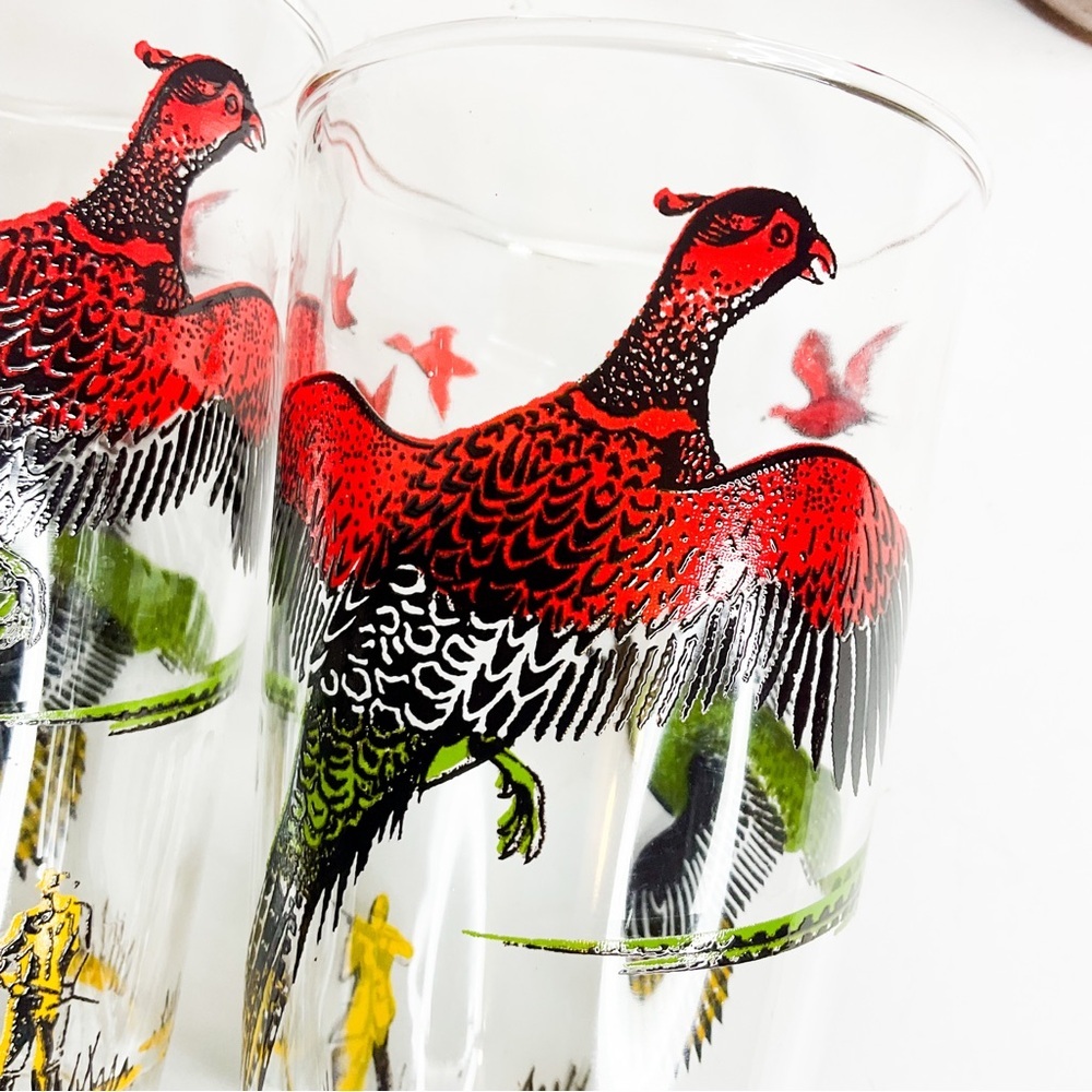 Vintage Pheasant Hunting Glass Tumblers Set Retro Bird Barware - Picture 8 of 9